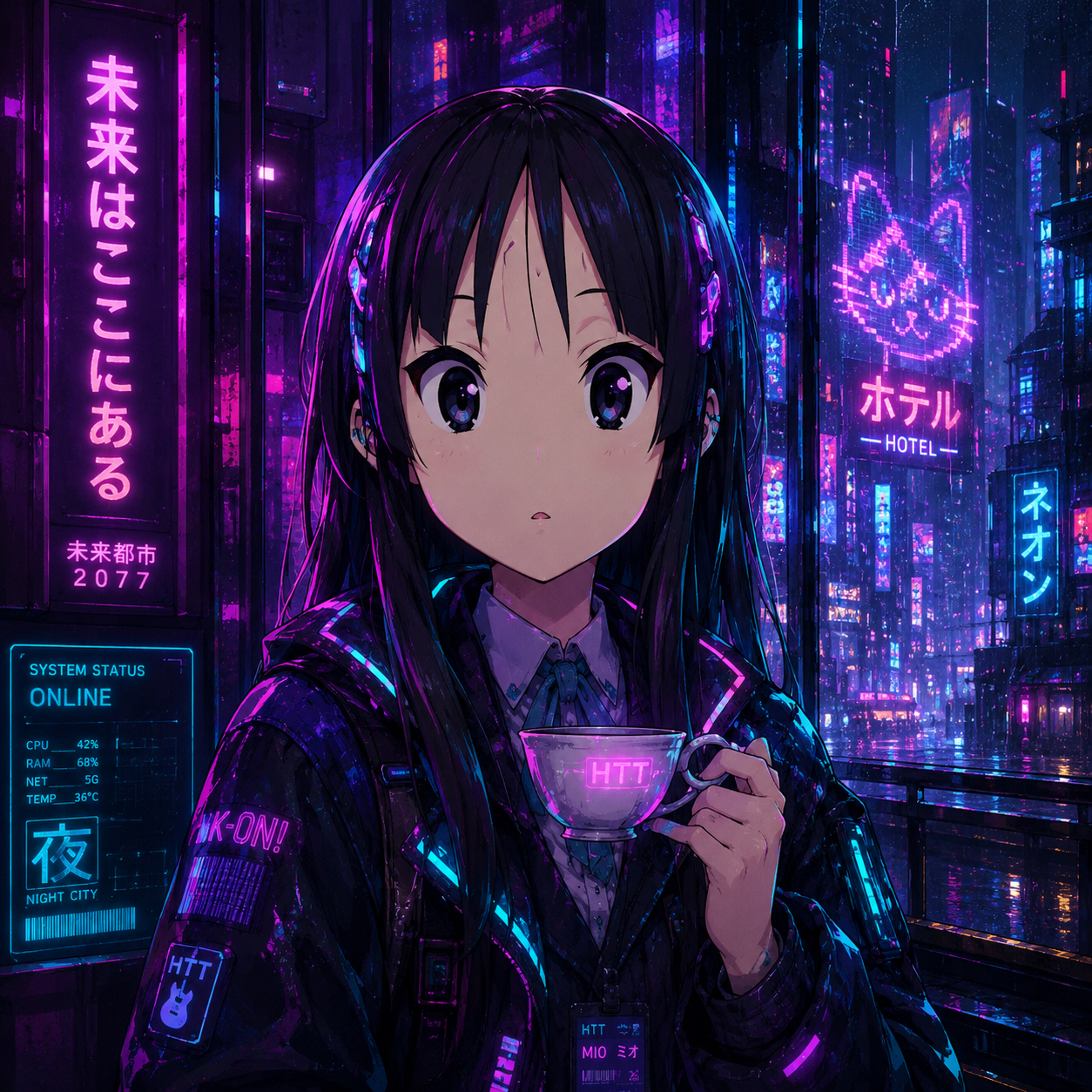 未来城市的夜晚女孩